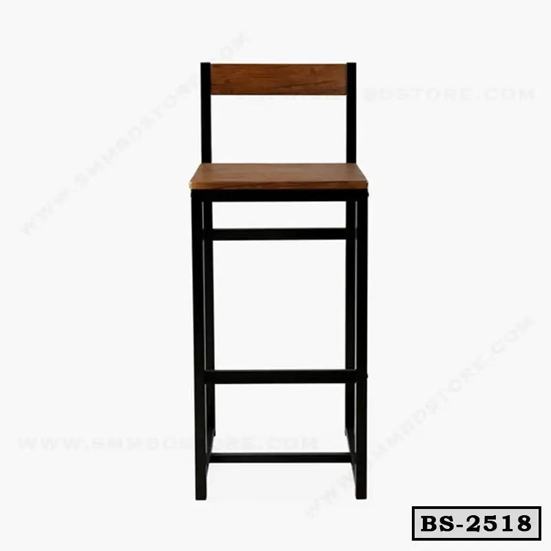Modern bar stool with wooden seat and backrest, black metal frame, minimalist design