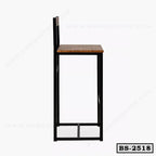 Modern bar stool with metal frame and wooden seat, side view on white background
