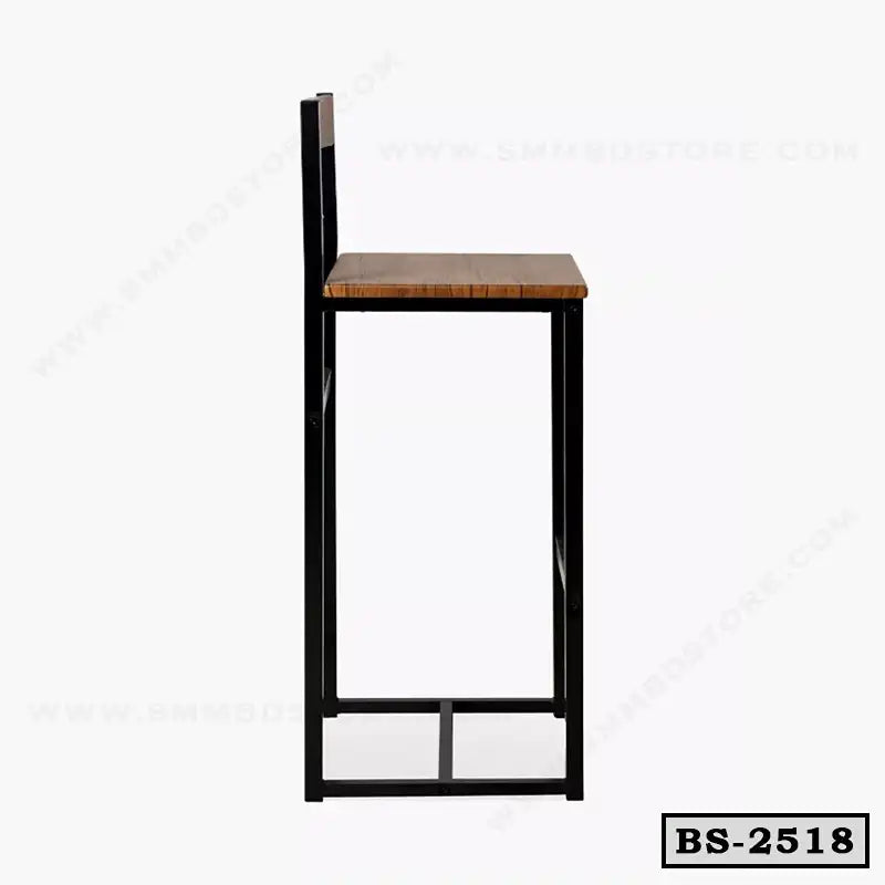 Modern bar stool with metal frame and wooden seat, side view on white background