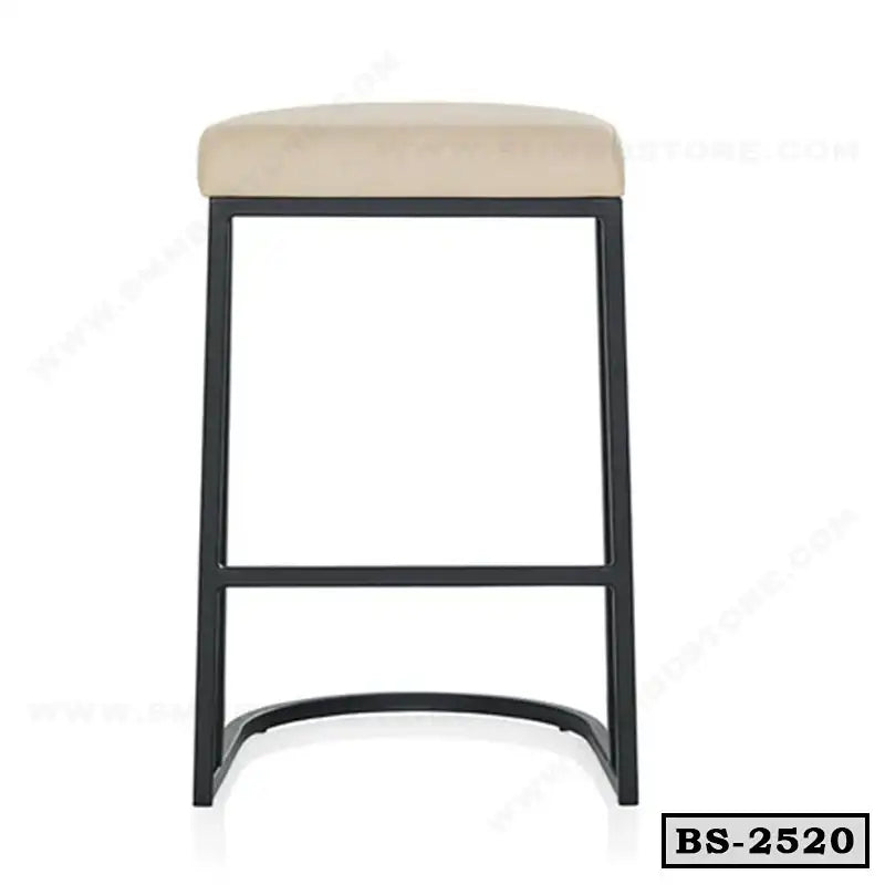 Modern bar stool with beige cushioned seat and black metal frame, minimalist design.