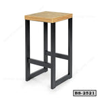 Modern bar stool with a square wooden seat and black metal legs, minimalist design