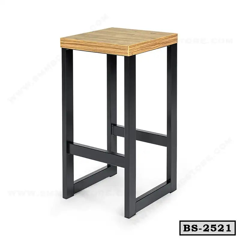 Modern bar stool with a square wooden seat and black metal legs, minimalist design