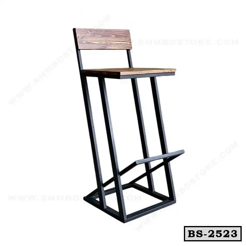 Modern bar stool with wooden seat and backrest, black metal frame, and footrest