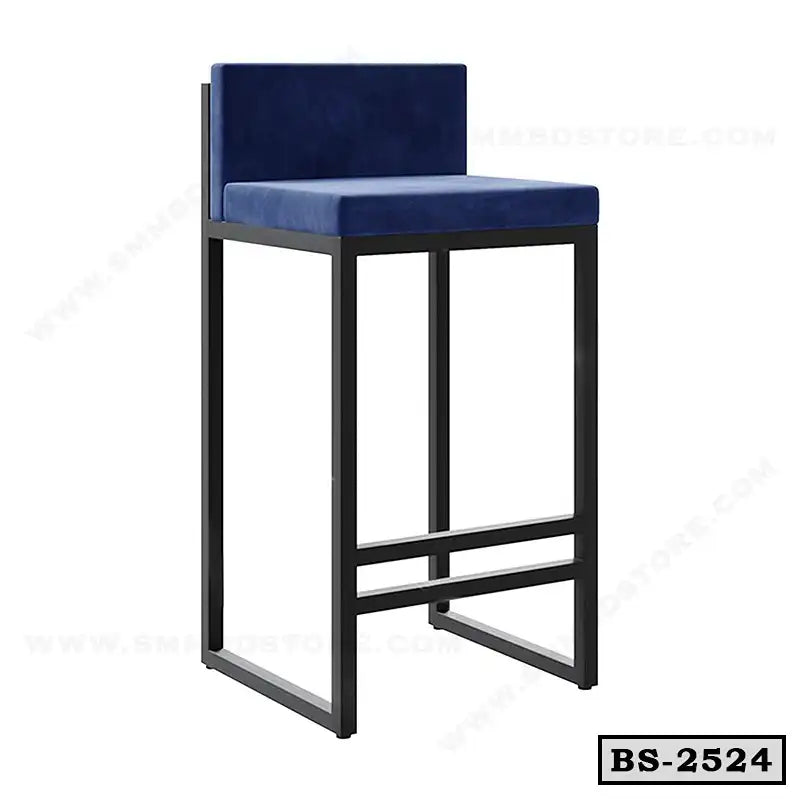Modern bar stool with blue cushioned seat, black metal frame, minimal design