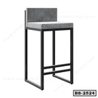 Modern gray bar stool with metal frame, upholstered seat and backrest, minimalist design