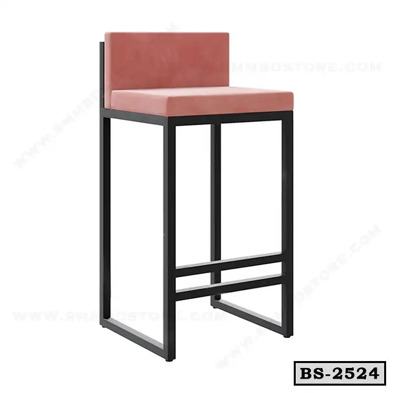 Modern bar stool with pink cushioned seat, black metal frame and low backrest, model BS-2524