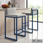 Modern blue metal frame bar stools with padded seats at a kitchen counter