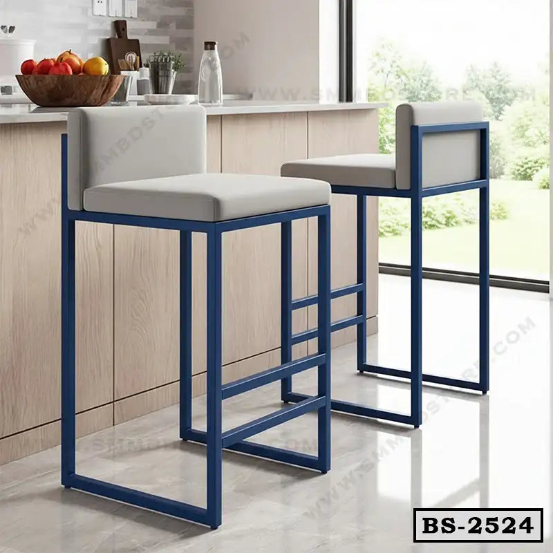 Modern blue metal frame bar stools with padded seats at a kitchen counter