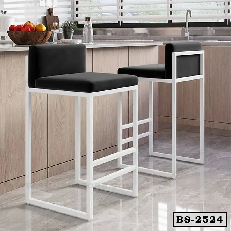 Modern black and white bar stools with metal frame in a kitchen setting