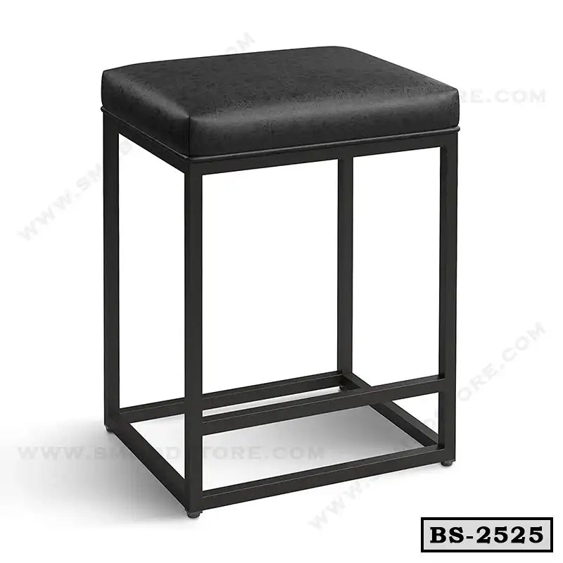 Modern black metal bar stool with cushioned seat and open rectangular frame, ideal for home or office furniture.