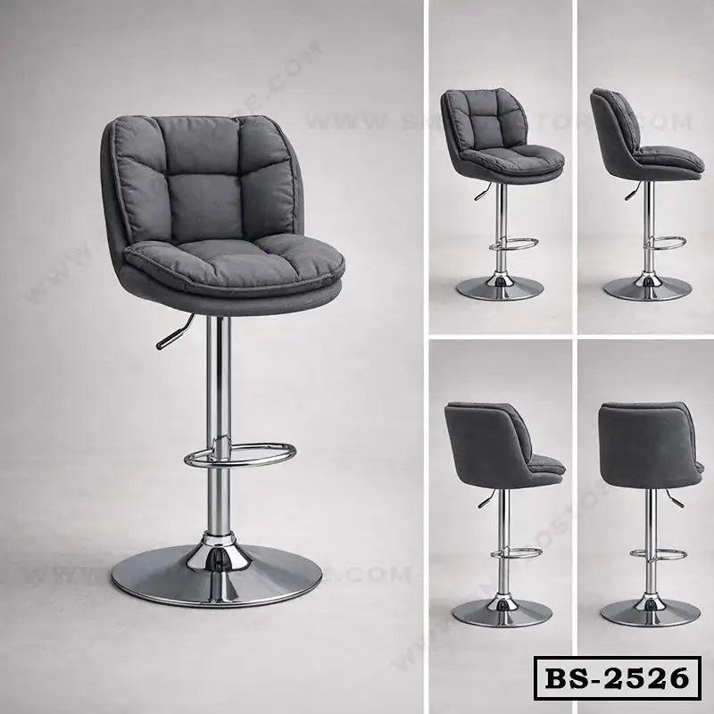 Modern grey adjustable bar stool with cushioned seat and chrome base, shown in multiple angles. Main image