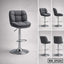 Modern grey adjustable bar stool with cushioned seat and chrome base, shown in multiple angles.