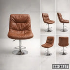 Modern brown leather adjustable bar stool with chrome base, shown from multiple angles.