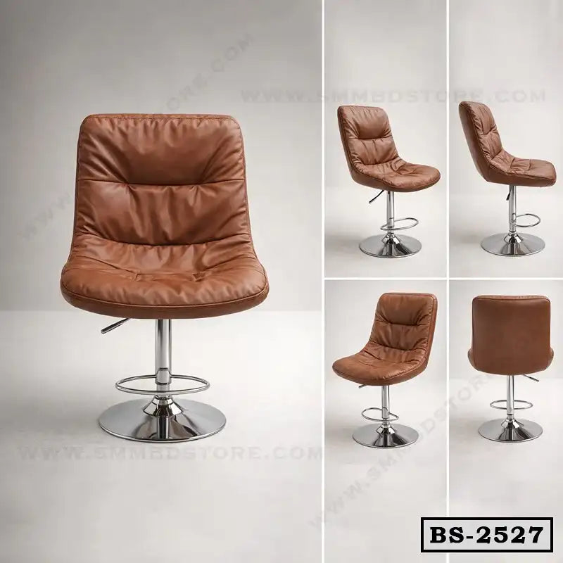 Modern brown leather adjustable bar stool with chrome base, shown from multiple angles.