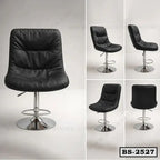Modern black leather bar stool with chrome base, adjustable height, shown from multiple angles.