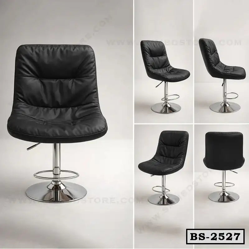 Modern black leather bar stool with chrome base, adjustable height, shown from multiple angles.