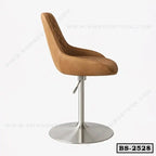 Modern brown bar stool with metal base and quilted backrest, adjustable seat, side view