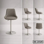 Modern grey bar stool with quilted backrest and metal pedestal base, shown from multiple angles.