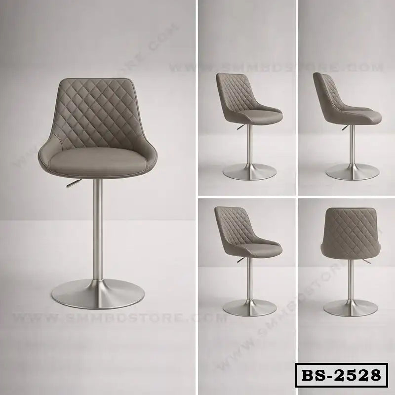 Modern grey bar stool with quilted backrest and metal pedestal base, shown from multiple angles.
