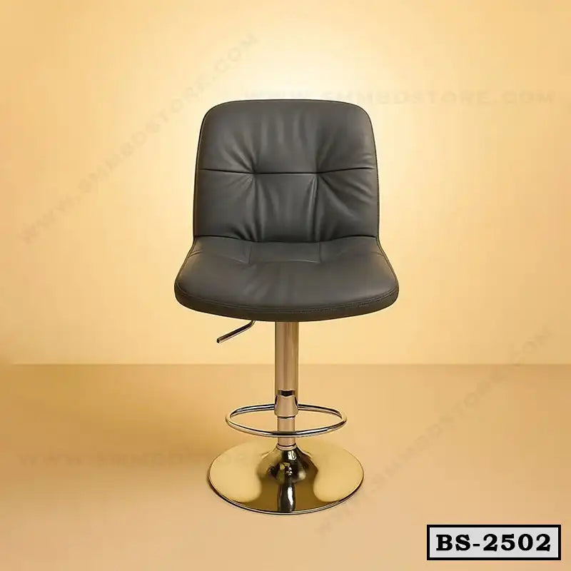Modern black leather bar stool with chrome base on beige background, adjustable height chair Main image