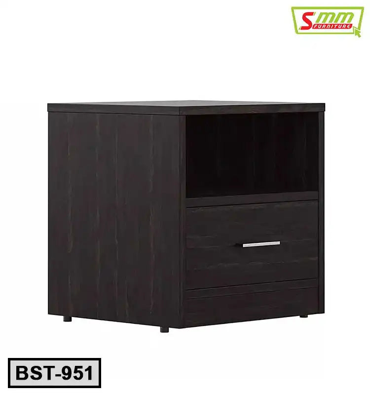 Modern dark wood bedside table with open shelf and single drawer, model BST-951