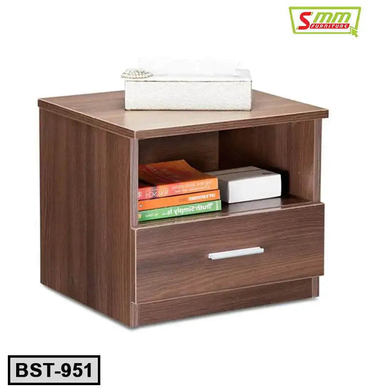 Modern wooden bedside table with drawer, open shelf, books, and tissue box