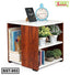 Wooden bedside table with books, potted plants, alarm clock, and photo frame