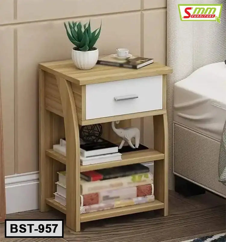 Modern wooden bedside table with drawer, shelves, books, and decorative items