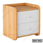 Modern wooden bedside table with two white drawers, ideal for bedroom storage