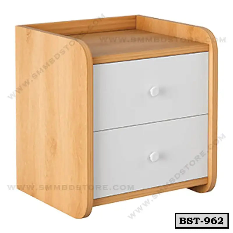 Modern wooden bedside table with two white drawers, ideal for bedroom storage