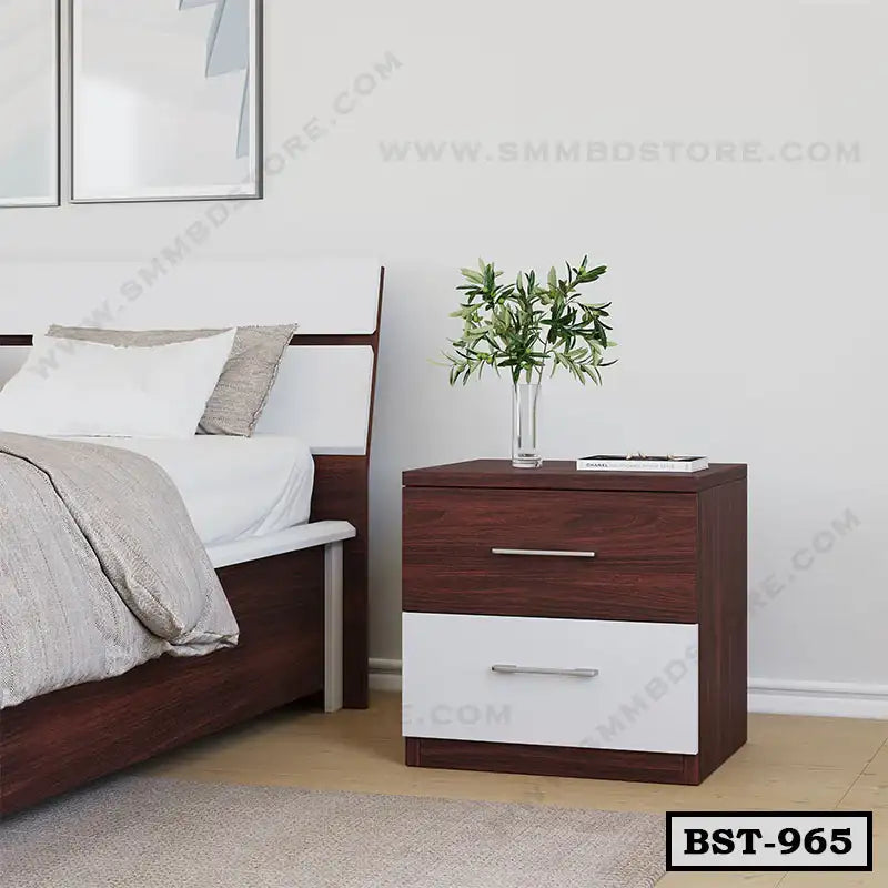 Modern wooden bedside table with two drawers beside a bed in a contemporary bedroom Main image