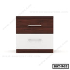 Modern bedside table with two drawers, wood and white finish, metal handles, minimalist design