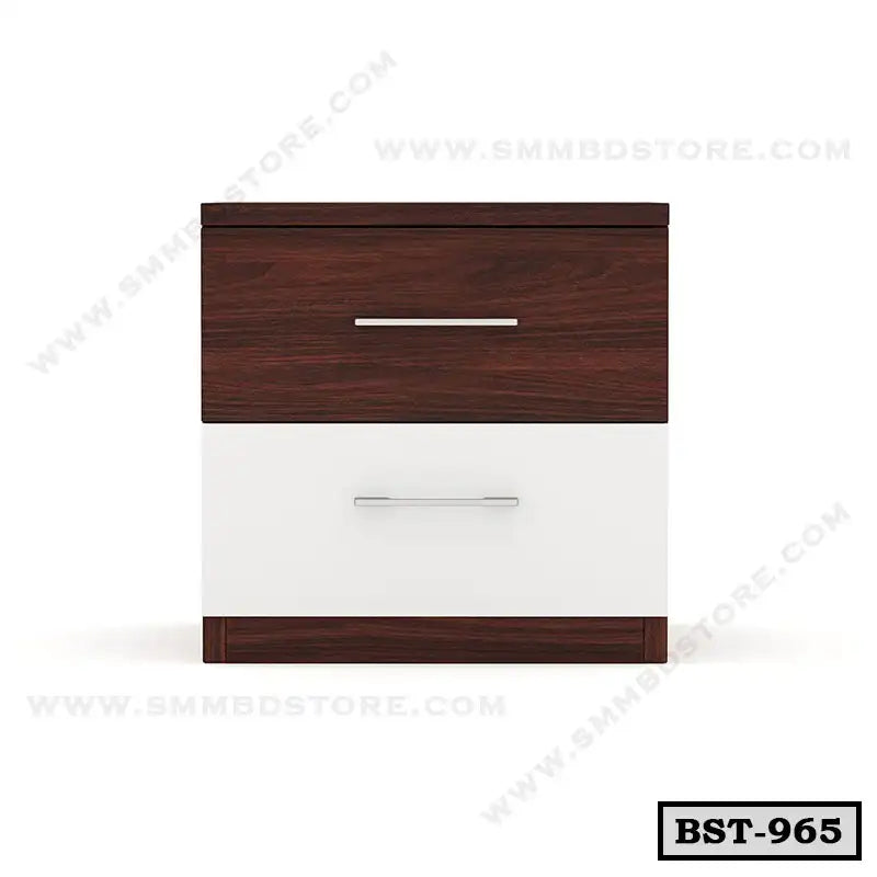 Modern bedside table with two drawers, wood and white finish, metal handles, minimalist design