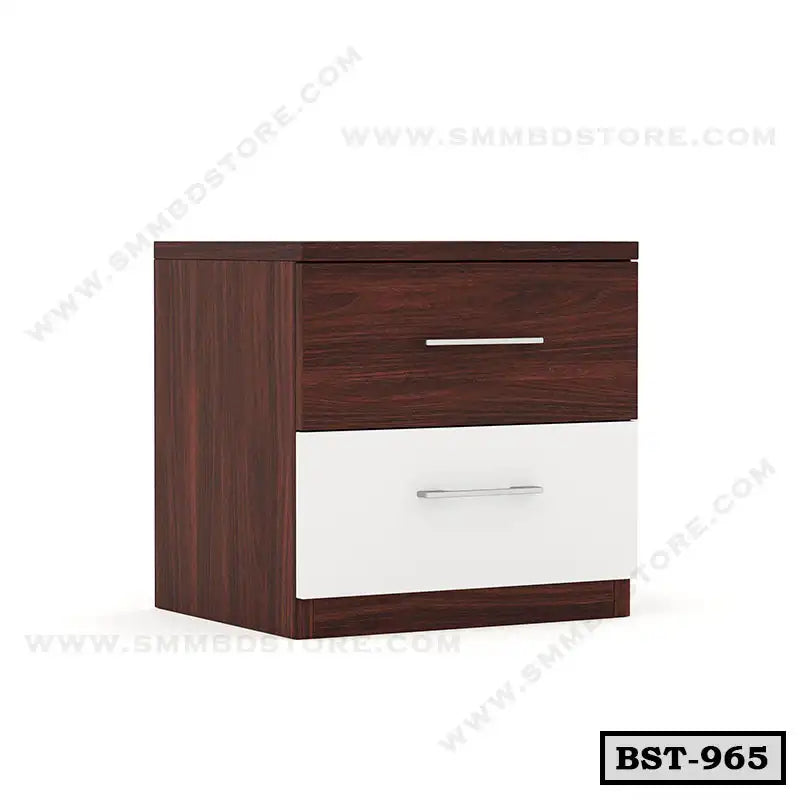 Modern wooden bedside table with two drawers, brown and white finish, metal handles