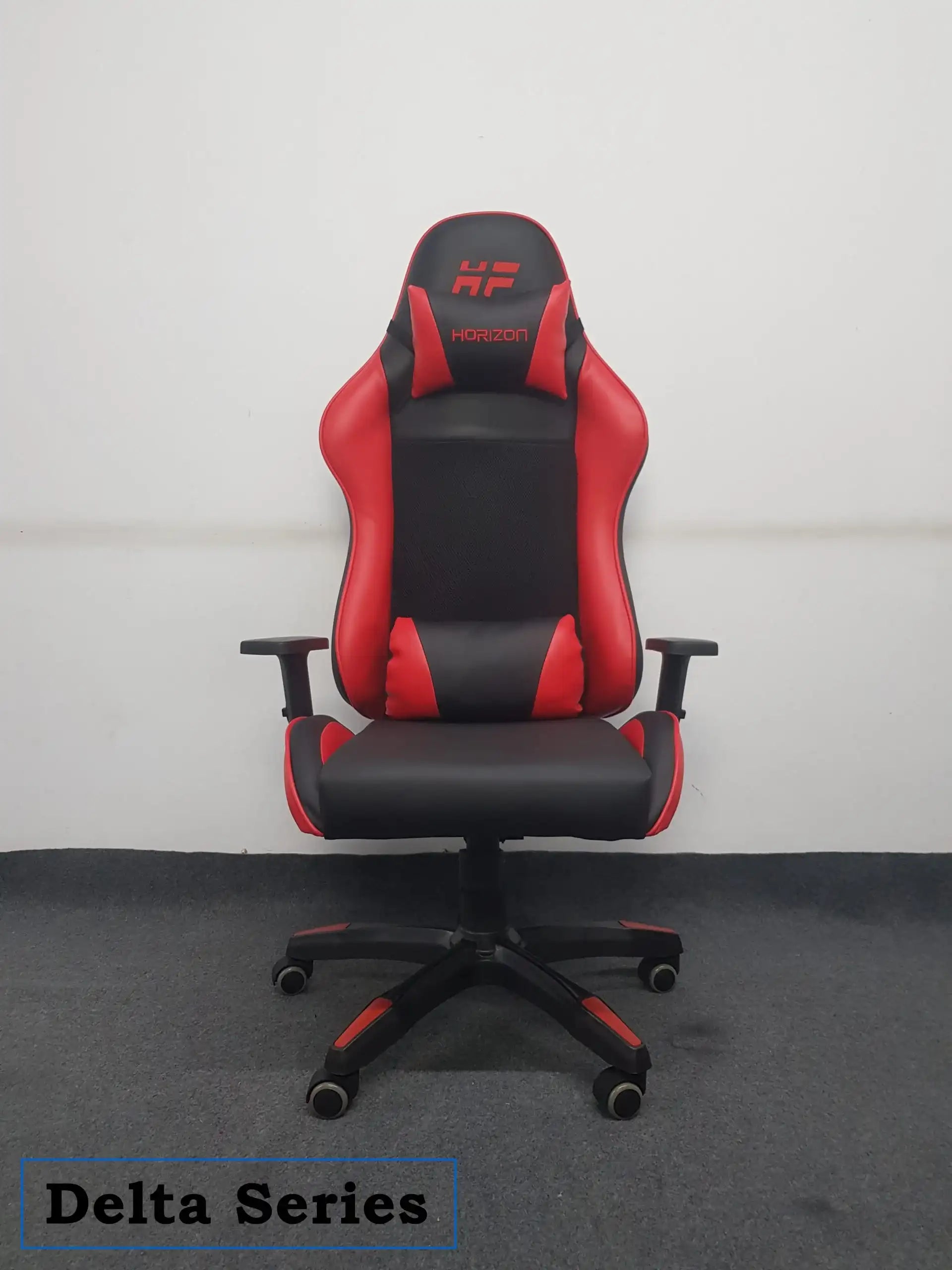 Black and red Delta Series ergonomic gaming chair with adjustable armrests and caster wheels