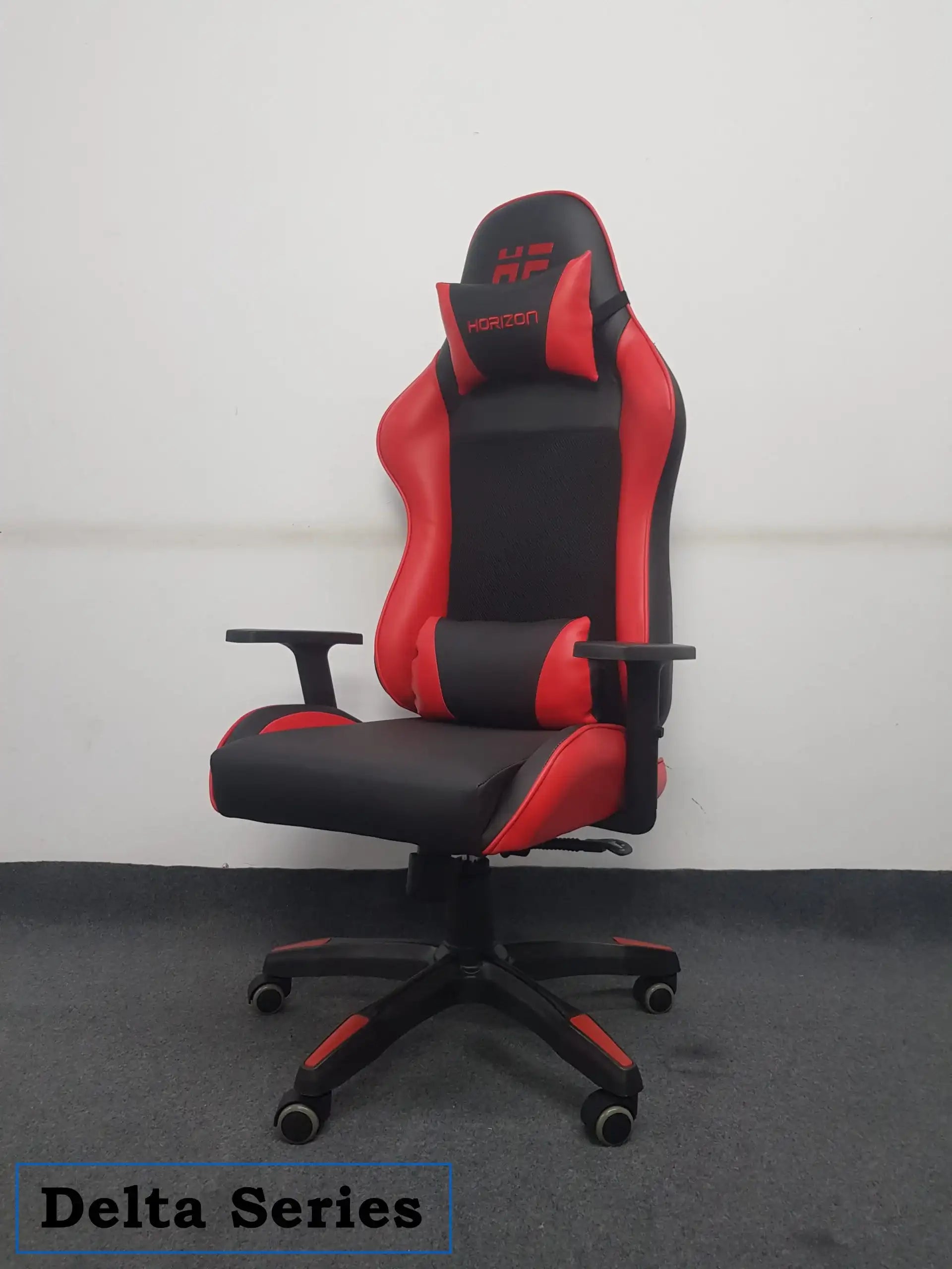 Black and red ergonomic Delta Series gaming chair with headrest and armrests on wheels