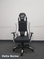 Black and white ergonomic Delta Series gaming chair with headrest and lumbar support