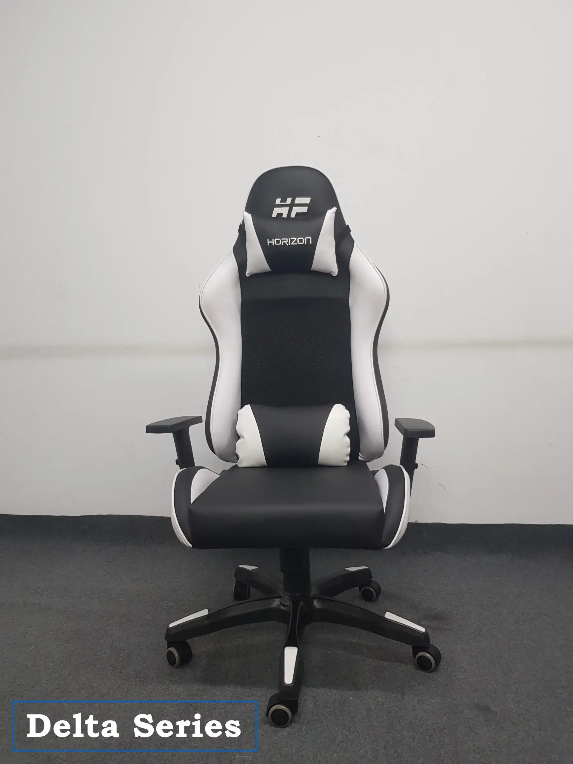 Black and white ergonomic Delta Series gaming chair with headrest and lumbar support
