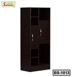 Dark wood bookshelf with multiple open shelves, two cabinet doors, and silver handles.