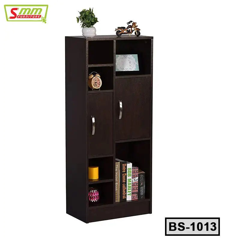 Modern wooden bookshelf with open shelves, two doors, books, decor, and storage compartments