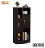 Modern wooden bookshelf with open shelves, two doors, books, decor, and storage compartments