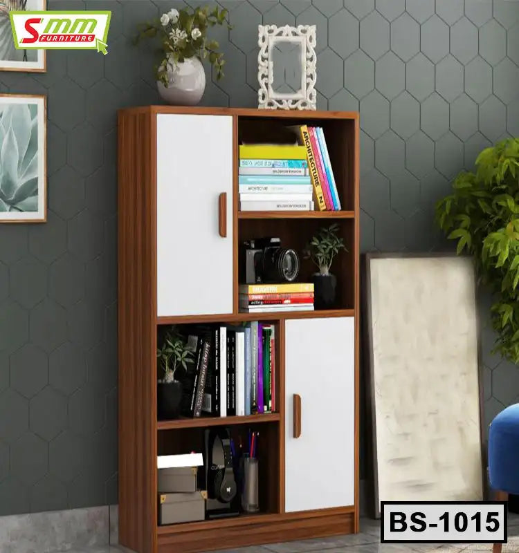 Modern wooden bookshelf with white doors, books, and decor in a home office setting Main image