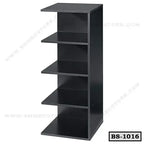 Modern black wood bookshelf with four open shelves, ideal for home or office storage