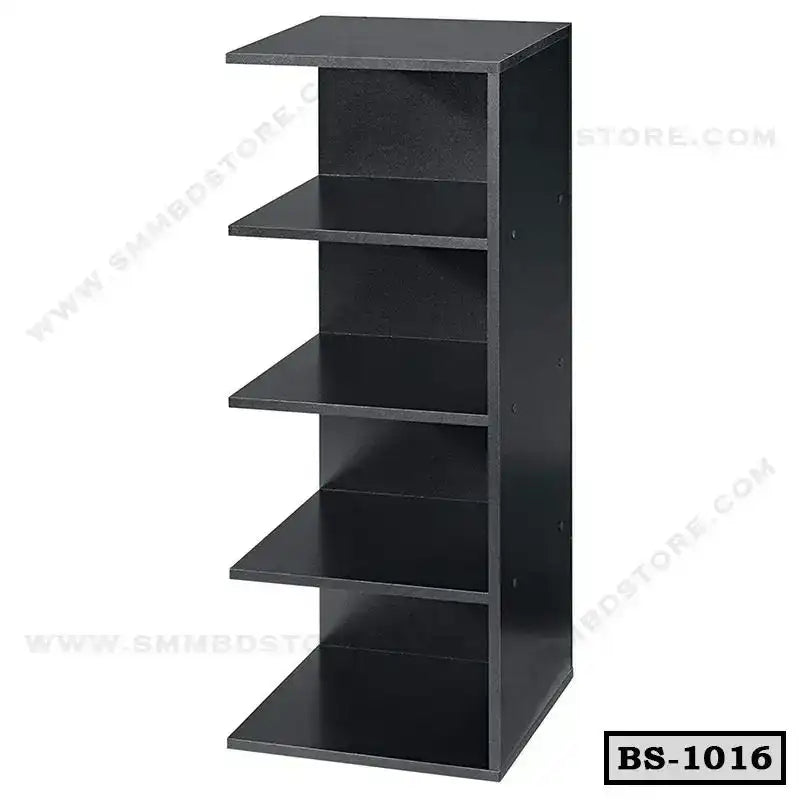 Modern black wood bookshelf with four open shelves, ideal for home or office storage