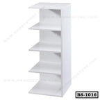 Modern white wooden bookshelf with five shelves, minimalist design, product code BS-1016.