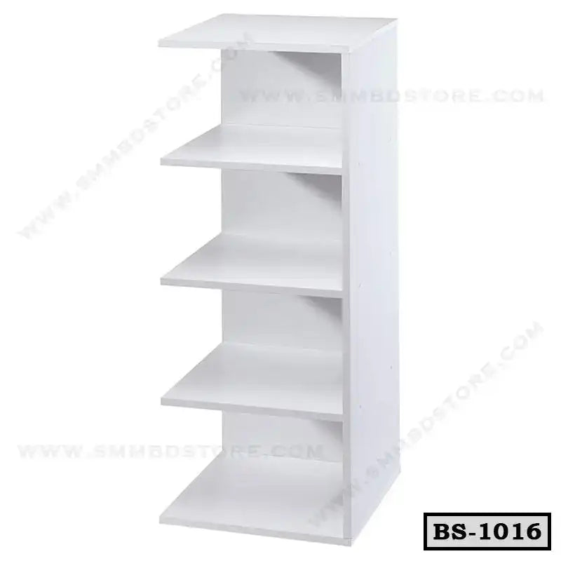 Modern white wooden bookshelf with five shelves, minimalist design, product code BS-1016.