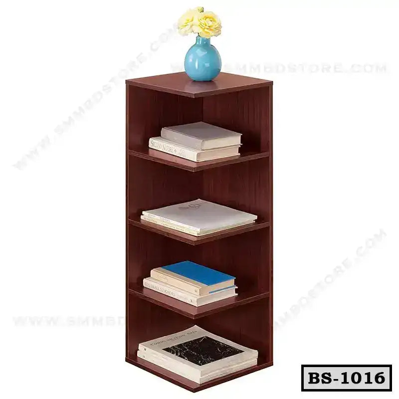 Modern wooden bookshelf with four shelves, books, and a blue vase with yellow flowers