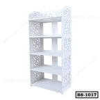 White wooden bookshelf with decorative carved side panels and five open shelves, model BS-1017.