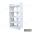 White wooden bookshelf with decorative carved side panels and five open shelves, model BS-1017.