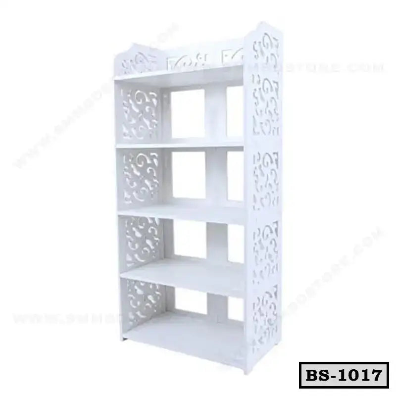 White wooden bookshelf with decorative carved side panels and five open shelves, model BS-1017. Main image